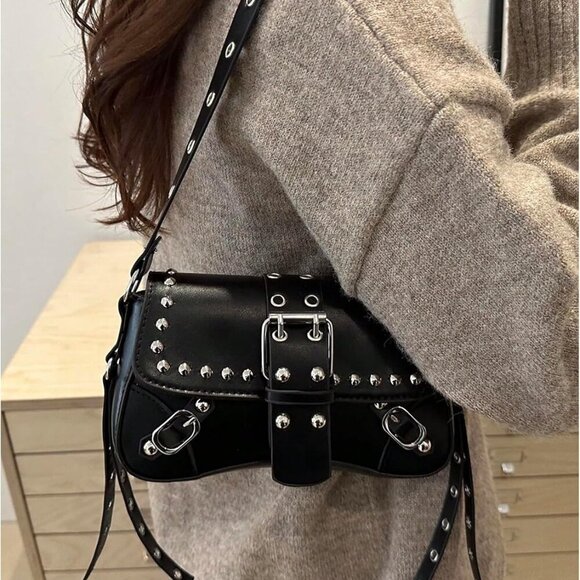 Women’s Faux Leather Rivet Studded Buckle Punk Underarm Clutch Bag - Picture 6 of 6